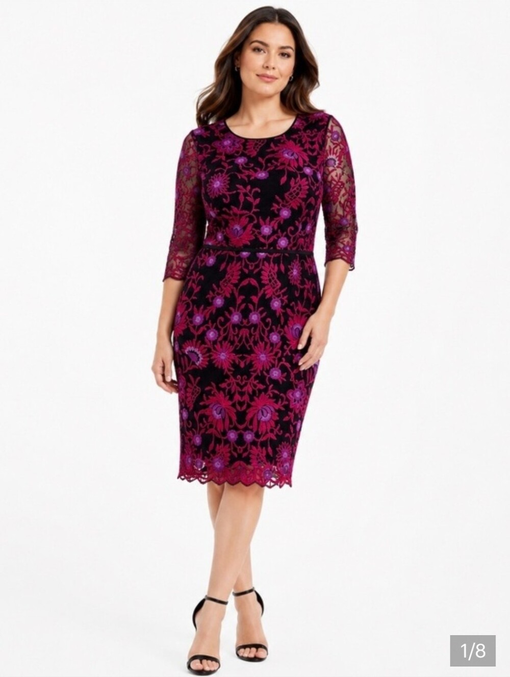 Adrianna Papell Magenta & Black Floral Lace Midi Dress - Size 12